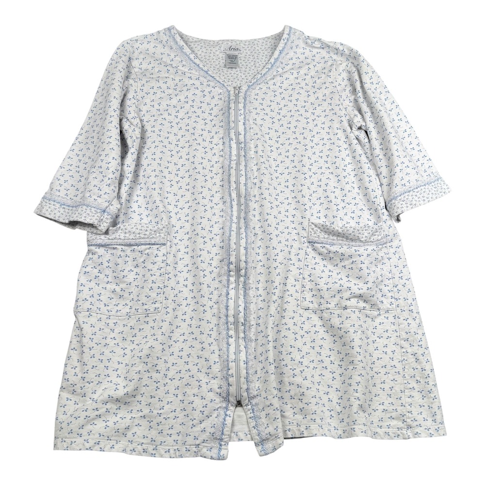 Aria Vintage Womens Blue Floral Cotton Zip Front Robe Lace Trim Medium‎ A981668